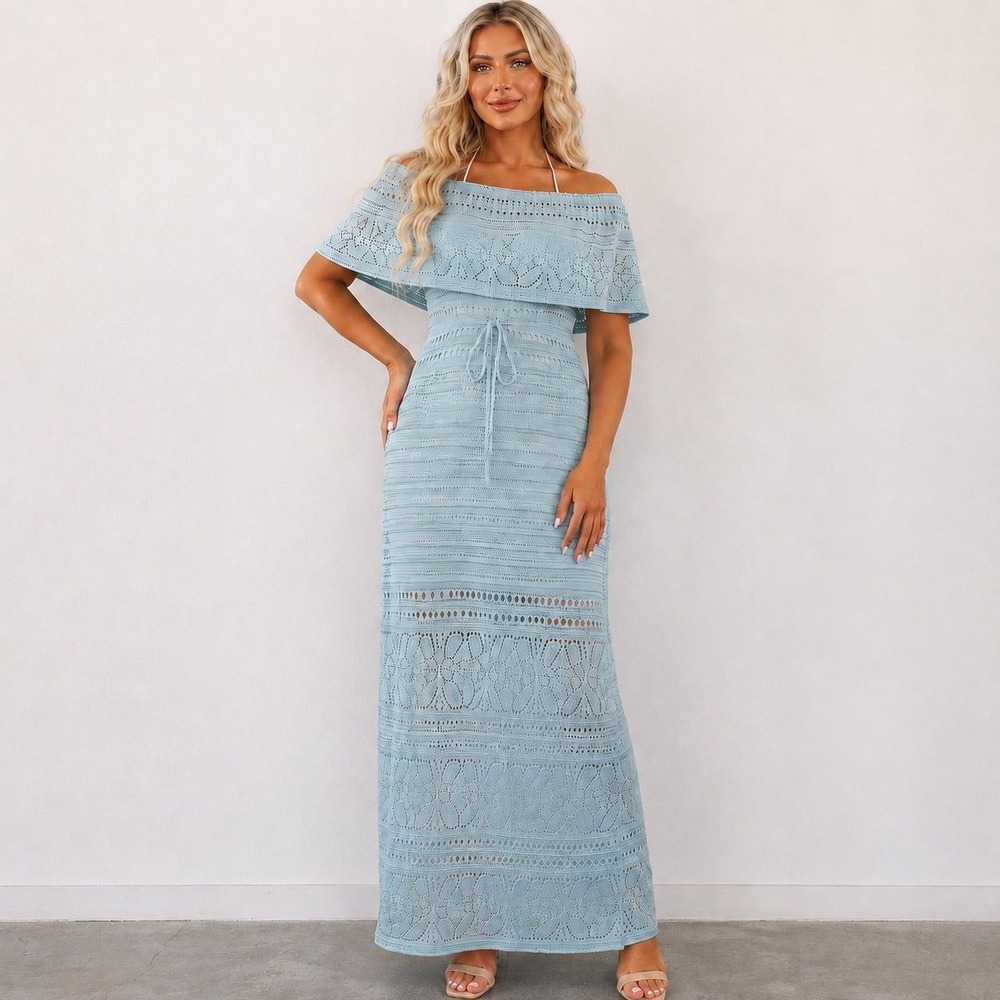 Crochet Maxi Dress Off Shoulder Cinch Waist Boho Resort Beach Cover Up
